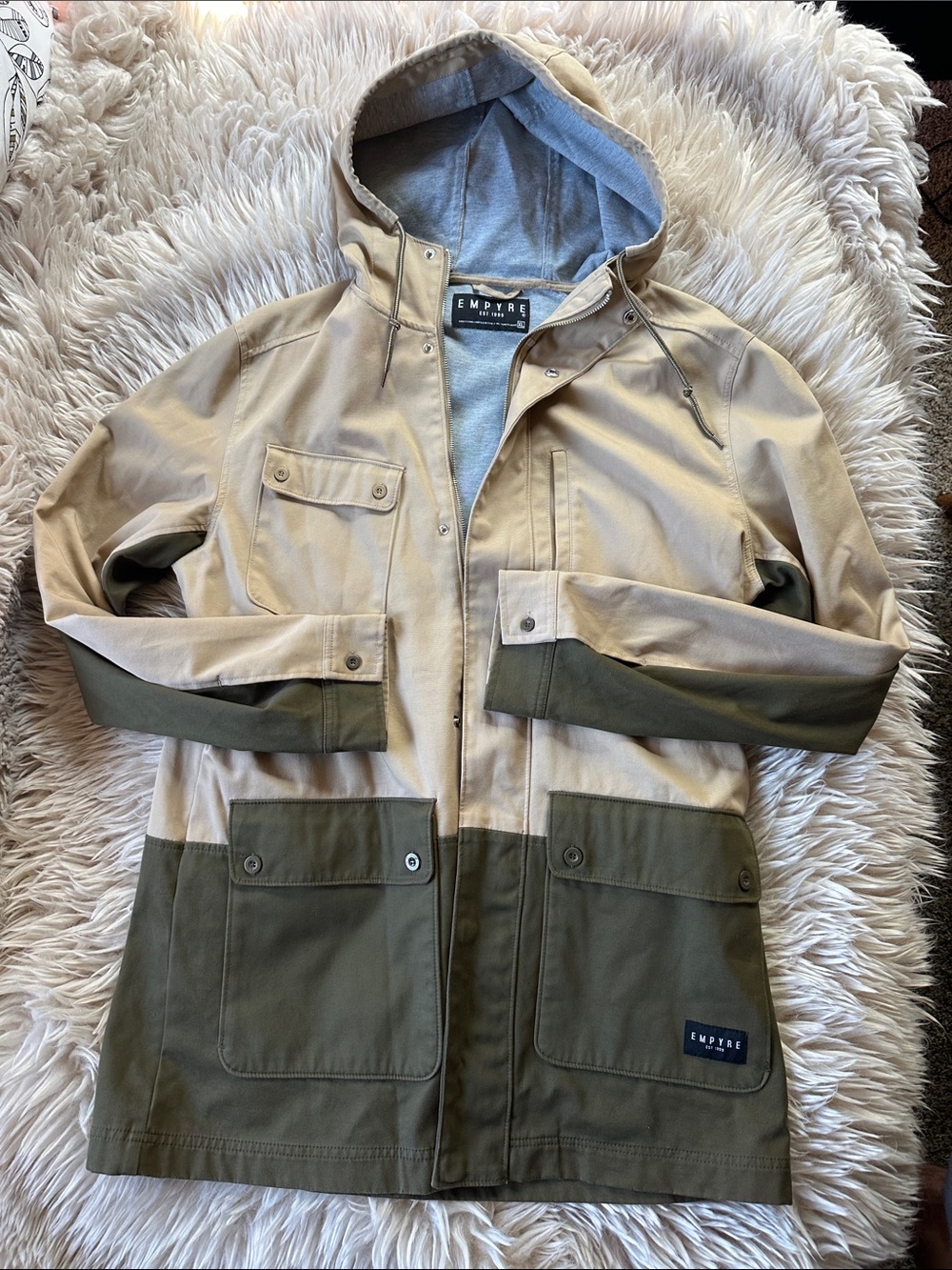 Empyre Two-Tone Hooded Utility Jacket - Beige & Olive Green XL